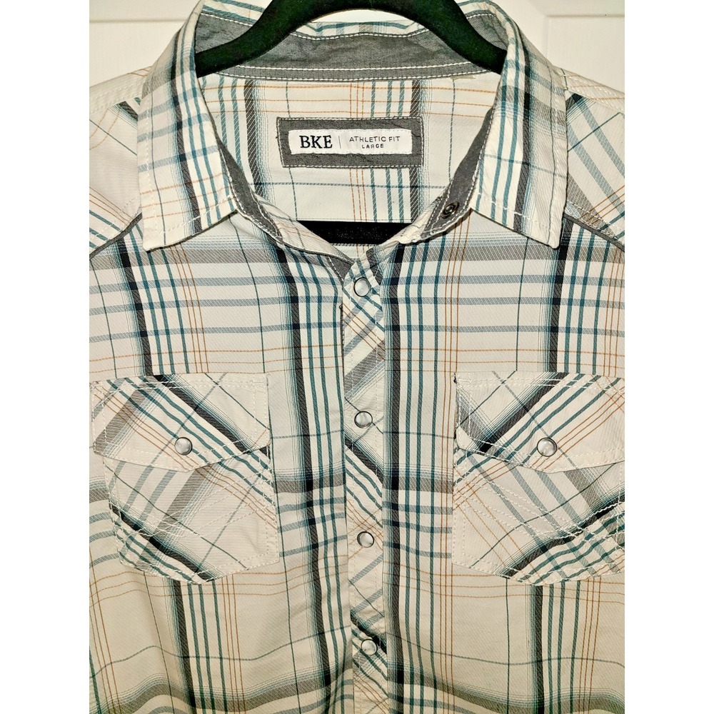 BKE‎ Mens sz L Athletic fit Pearl snap Long Sleeve blue orange plaid shirt
